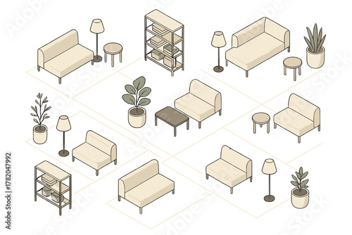 Modular isometric furniture pieces and accessories for interior layout planning