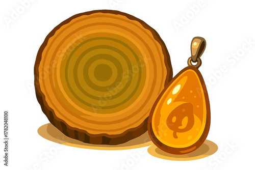 Wooden log slice cross section with annual rings next to an amber pendant featuring a leaf inclusion