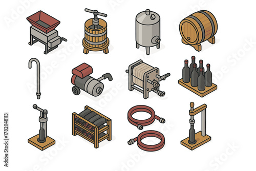 Essential machinery and tools for wine production including grape press, fermentation tank, and barrel
