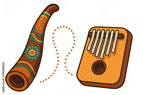 Traditional musical instruments didgeridoo and kalimba featuring decorative patterns and sound waves