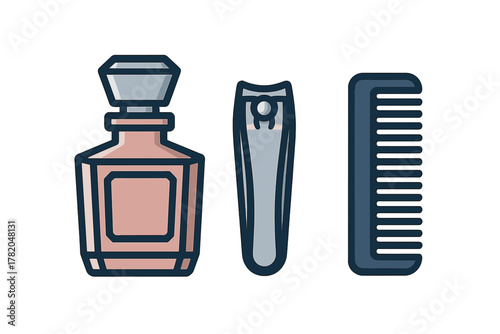 Beauty and hygiene accessories set with perfume bottle nail clipper and hair comb