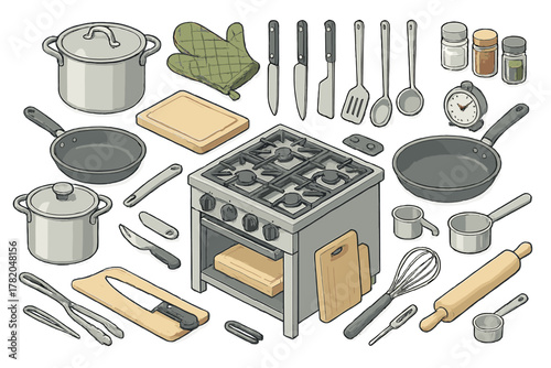 Set of professional kitchen utensils cooking appliances and culinary accessories