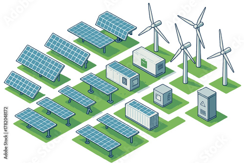 Solar panels, wind turbines, and energy storage containers in an isometric layout