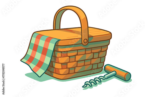 Woven wicker picnic basket with handle and checkered blanket next to a metal corkscrew opener