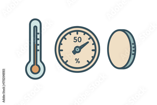 Set of icons showing a thermometer, humidity gauge, and medication tablet