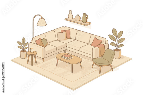 Comfortable living room setup in isometric view featuring a large corner couch and home decor