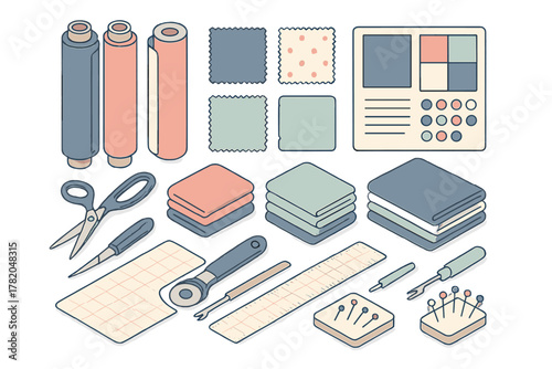 Isometric collection of sewing and tailoring supplies including fabric, swatches, scissors, ruler, and pins