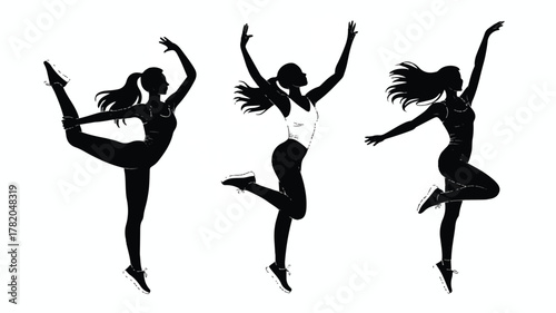 A black and white silhouette illustration of three women in dynamic dance poses against a white background.  (3)_traced