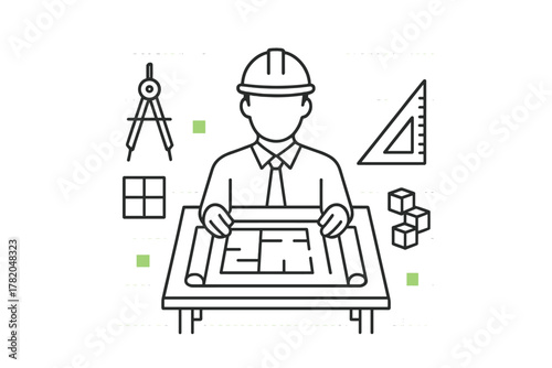 Professional architect reviewing a construction blueprint plan at a drafting table
