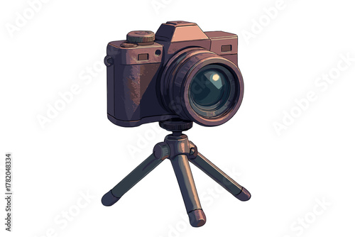 Digital camera with large lens mounted on a compact tabletop tripod for stable recording