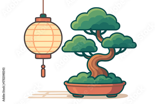 Traditional Japanese bonsai tree in a ceramic pot beside a glowing round paper lantern