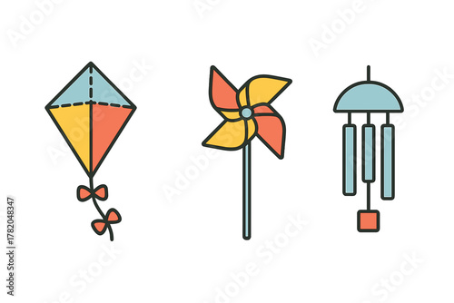 Brightly colored kite, rotating pinwheel toy, and calming hanging wind chime