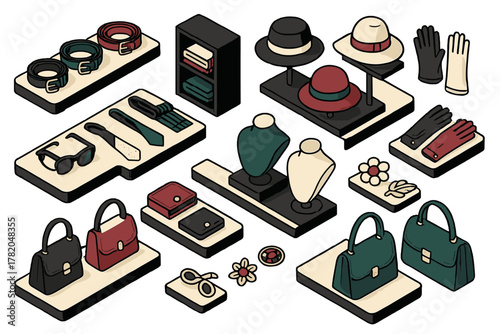 Isometric display of luxury fashion accessories including hats, gloves, belts, purses, and jewelry on retail shelves