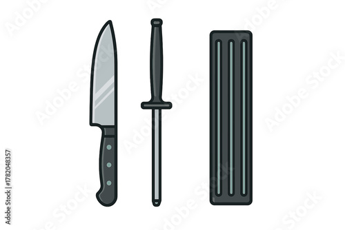 Professional kitchen knife set including chef knife sharpening steel and wooden storage block