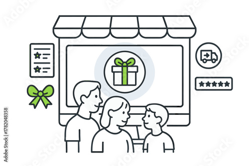 Family standing near a retail storefront display showing a gift icon, delivery service, and customer rating