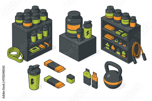 Isometric collection of gym supplements, protein powders, energy bars, and fitness equipment