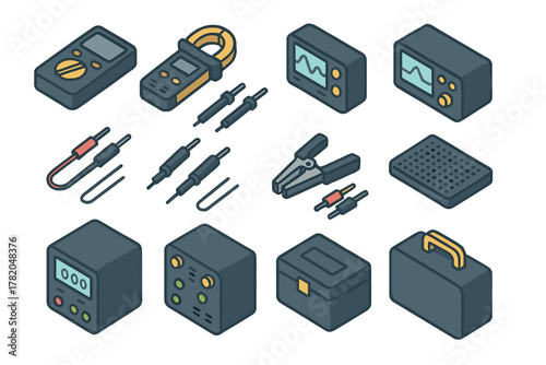 Detailed set of electronic measurement devices and testing equipment in isometric style