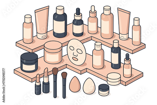 Collection of beauty and personal care products displayed on isometric shelves