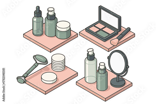 Isometric beauty and skincare product collection featuring cosmetic bottles, makeup palette, and facial roller