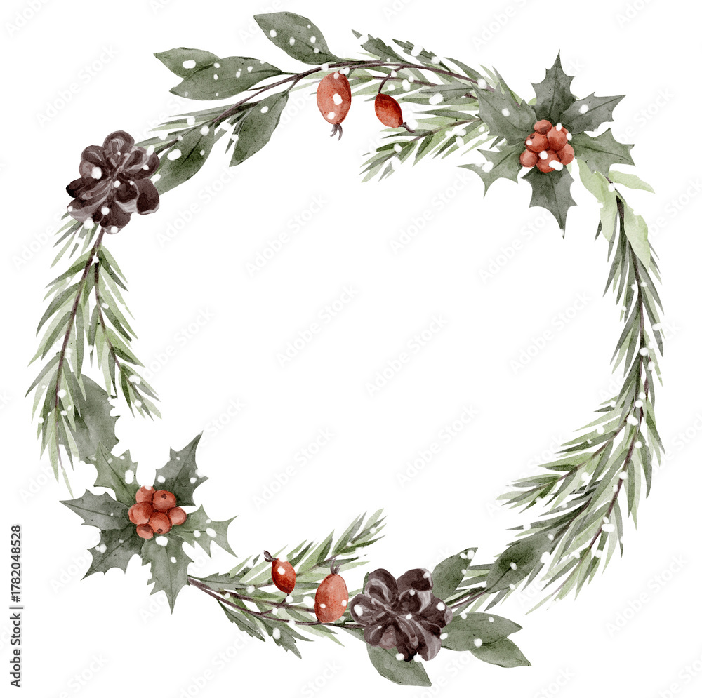 Fototapeta premium Winter botanical wreath. Greenery circle with pinecones and red accents.
