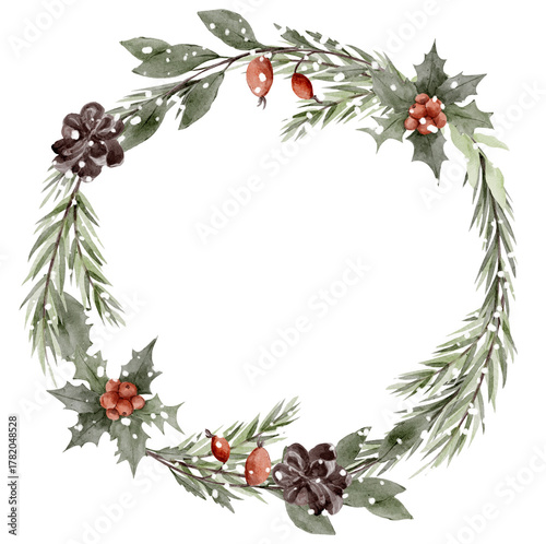 Winter botanical wreath. Greenery circle with pinecones and red accents.