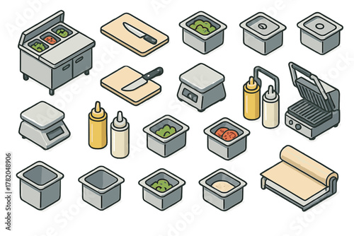 Isometric commercial kitchen equipment set featuring food prep tools and cooking appliances