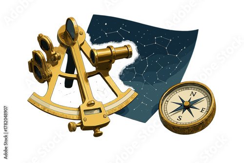 Golden brass sextant and vintage magnetic compass with a celestial constellation map