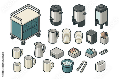 Isometric set of catering and beverage service equipment including cart, coffee urns, mugs, and pitchers