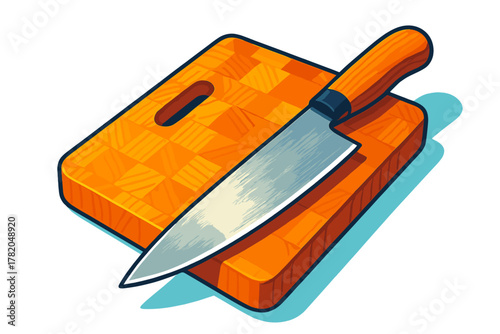 Chef's knife with orange handle resting diagonally on a wooden butcher block cutting board