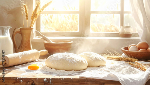 Sunlit Window illuminates a rustic kitchen scene with freshly kneaded dough, eggs, and baking ingredients, evoking warmth and homemade goodness