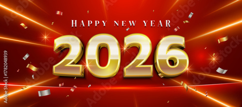 Happy New Year 2026 text in gold with confetti on red background