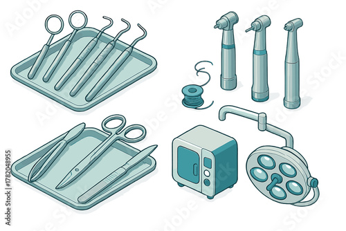 Isometric collection of medical and dental instruments: drills, mirrors, scalpels, scissors, and surgical light