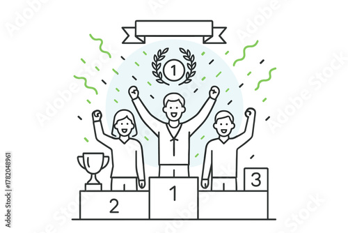 Champions celebrating success on a tiered winners podium with a trophy and laurel wreath