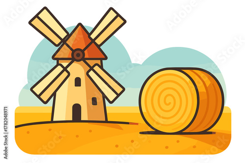 Traditional windmill and round hay bale in a golden agricultural field under a bright sky