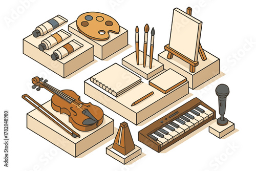 Creative tools and musical instruments arranged in an isometric view on display blocks