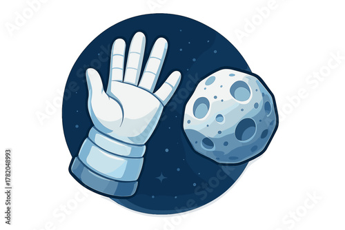 Astronaut hand in white spacesuit glove reaching toward a stylized cratered moon or asteroid in deep space