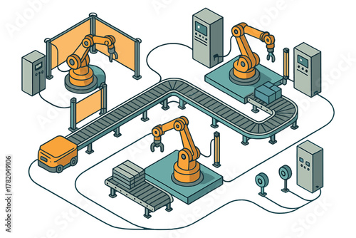 Automated production line with robotic arms and conveyor belts in an isometric view