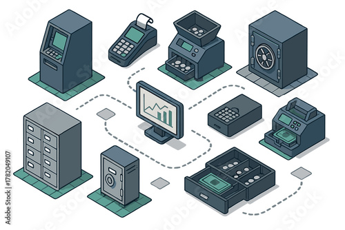 Isometric financial technology network diagram showing banking security and transaction devices