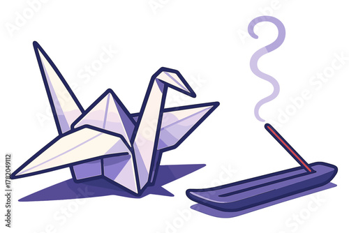 Traditional Japanese origami crane and burning incense stick on a decorative holder
