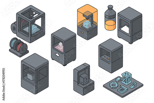 Isometric set of 3D printers, printing materials, and finished manufactured parts