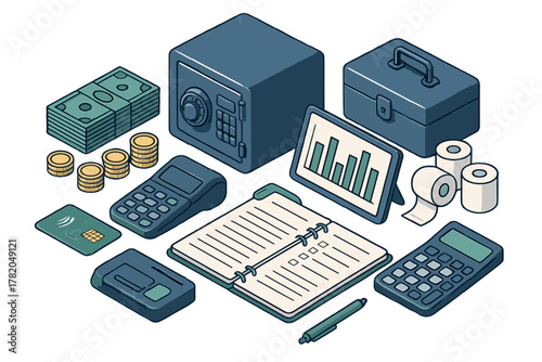 Isometric arrangement of essential financial and accounting items: safe, money, payment terminal, and business ledger