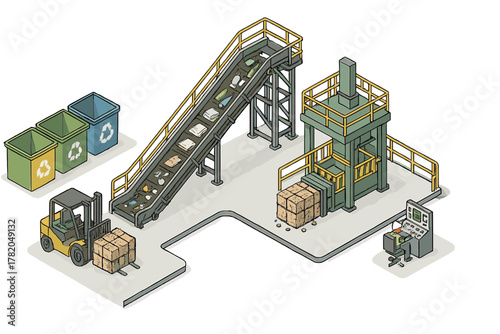 Industrial recycling plant operation with conveyor belt sorting and baling equipment