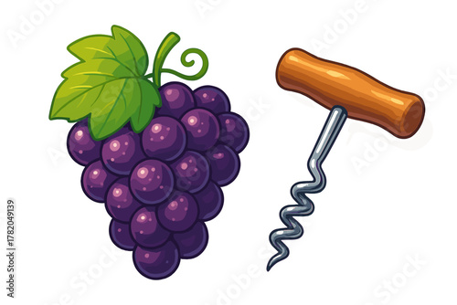 Fresh purple grapes bunch with green leaf and classic wooden corkscrew isolated on white background