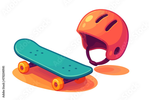 Brightly colored skateboard and protective helmet for extreme sports activities