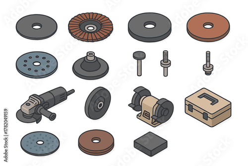 Isometric set of power tools and abrasive accessories including grinder discs and sanding pads