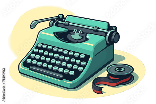 Classic retro turquoise typewriter machine with exposed ink ribbon spool