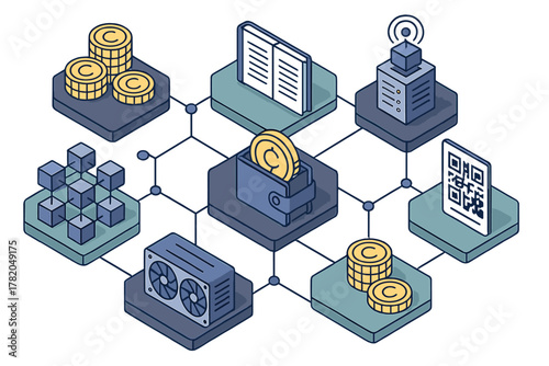 Decentralized cryptocurrency network with blockchain technology, mining hardware, and digital assets