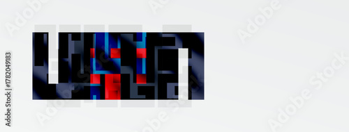 Abstract digital art. Dark blues, reds dominate composition. Geometric shapes create fragmented text effect. Minimalist design.