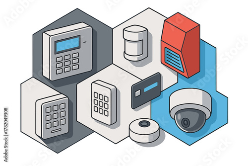 Isometric layout of essential security system devices like keypads, surveillance camera, motion sensor, and alarm siren