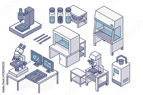 Isometric collection of essential scientific laboratory equipment and research instruments